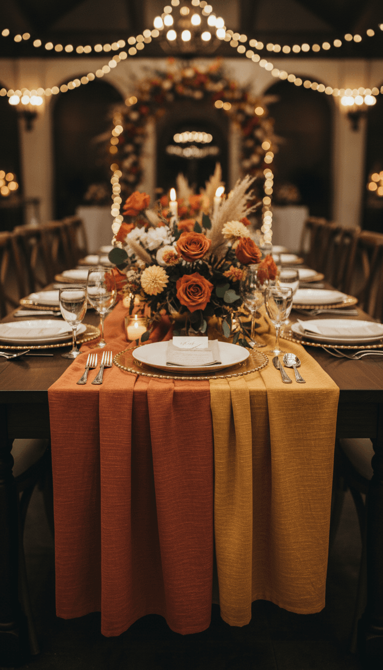 Terracotta and mustard table runners at a festive celebration