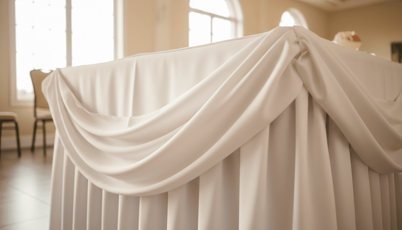 Elegantly dressed banquet table with white table skirt and coordinating tablecloth in warm natural light