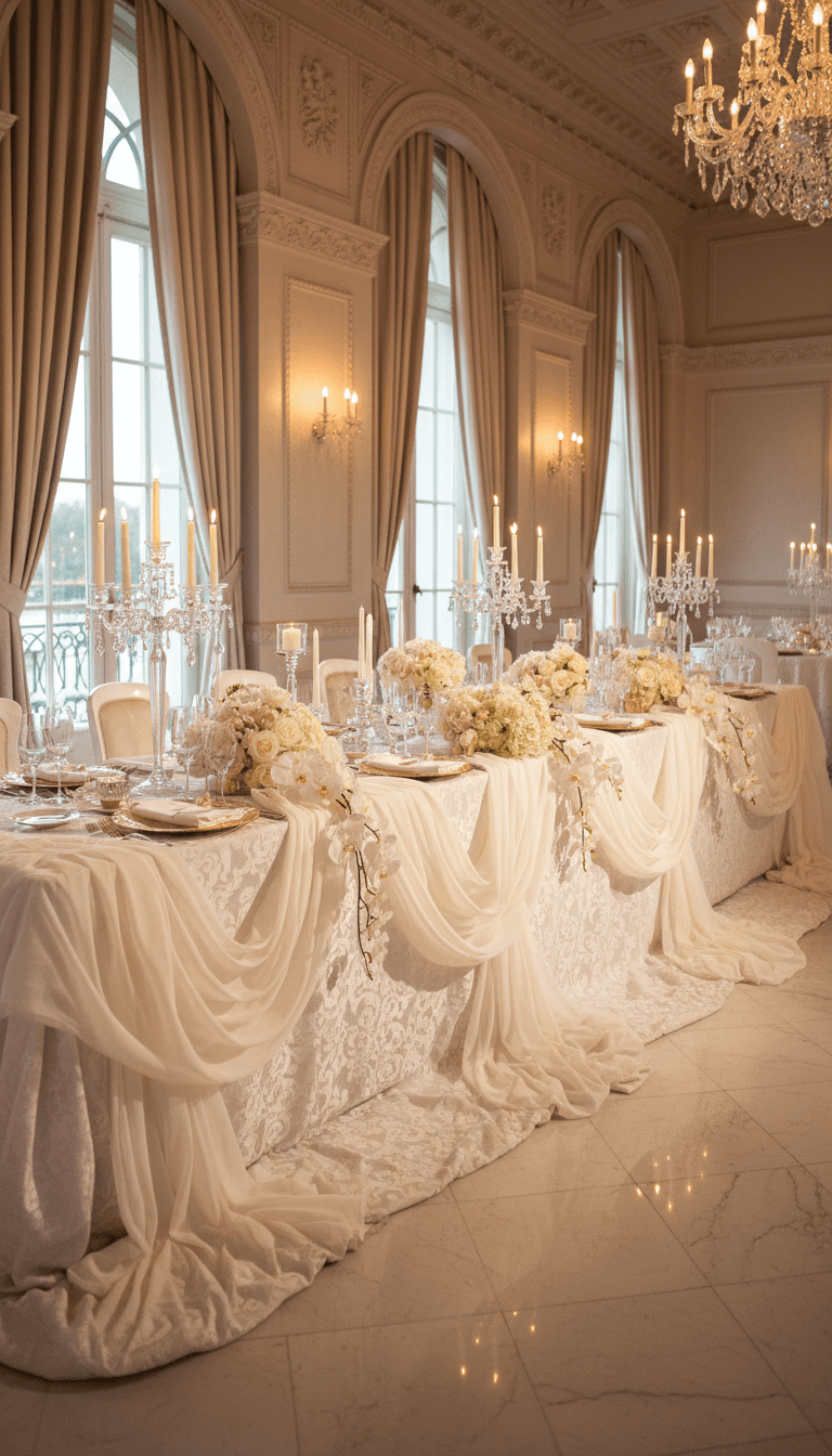 Banquet table with crisp white table skirt and draped fabric in an event venue