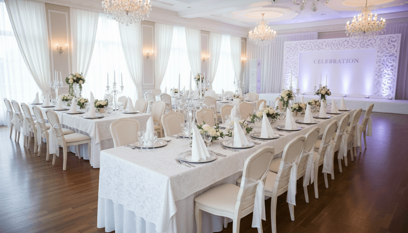 Elegant banquet table with white table skirt and neatly folded napkins in a bright event hall