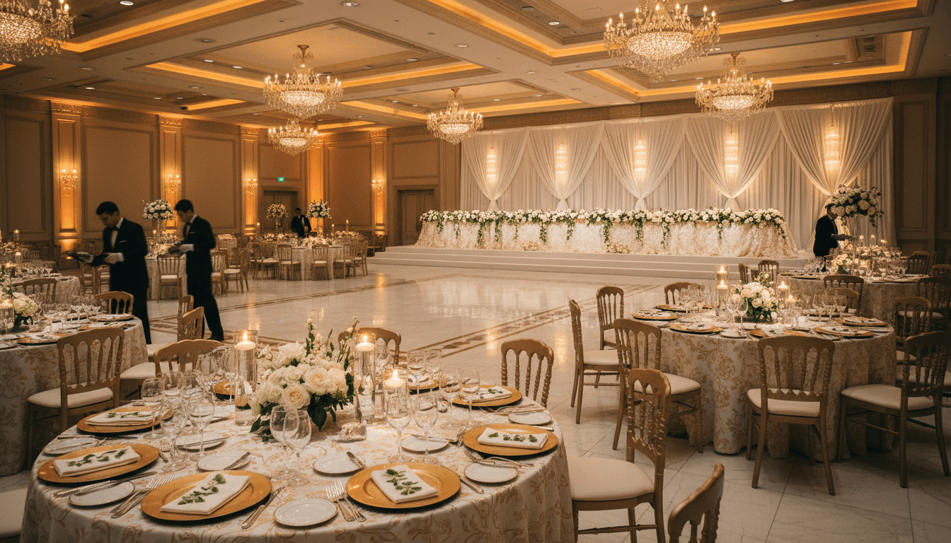 Deep navy blue table skirts with gold accents at an elegant banquet
