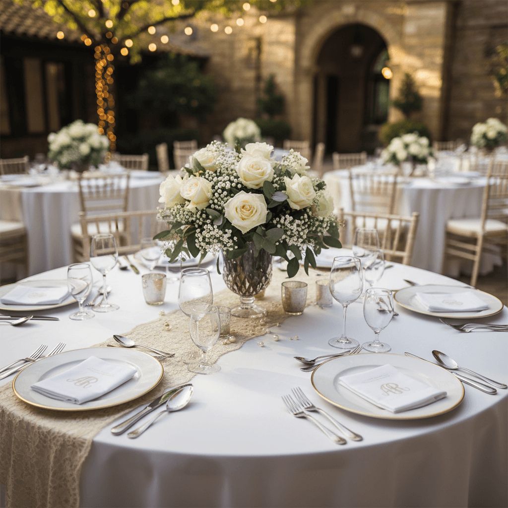 Blush pink table linens at a romantic wedding reception