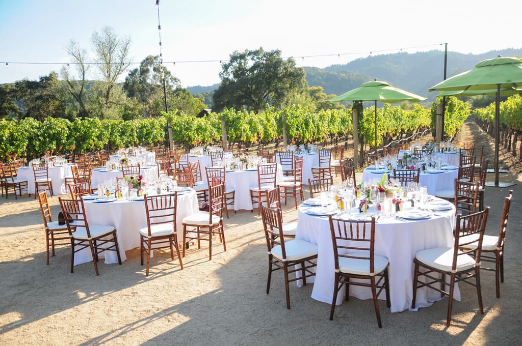 Elegant outdoor dining tables with white linens and wooden chairs arranged beside a lush vineyard.